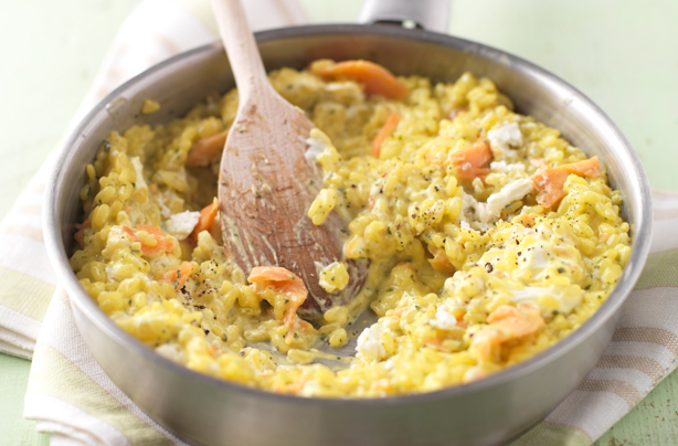 Goat's cheese saffron risotto with smoked salmon