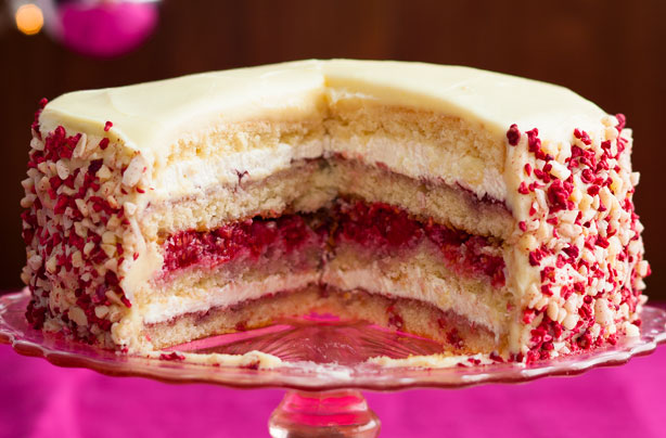 White chocolate and raspberry gateau