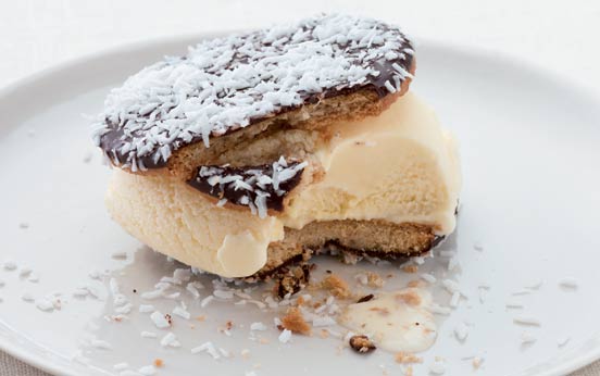 Chocolate and coconut ice cream sandwiches