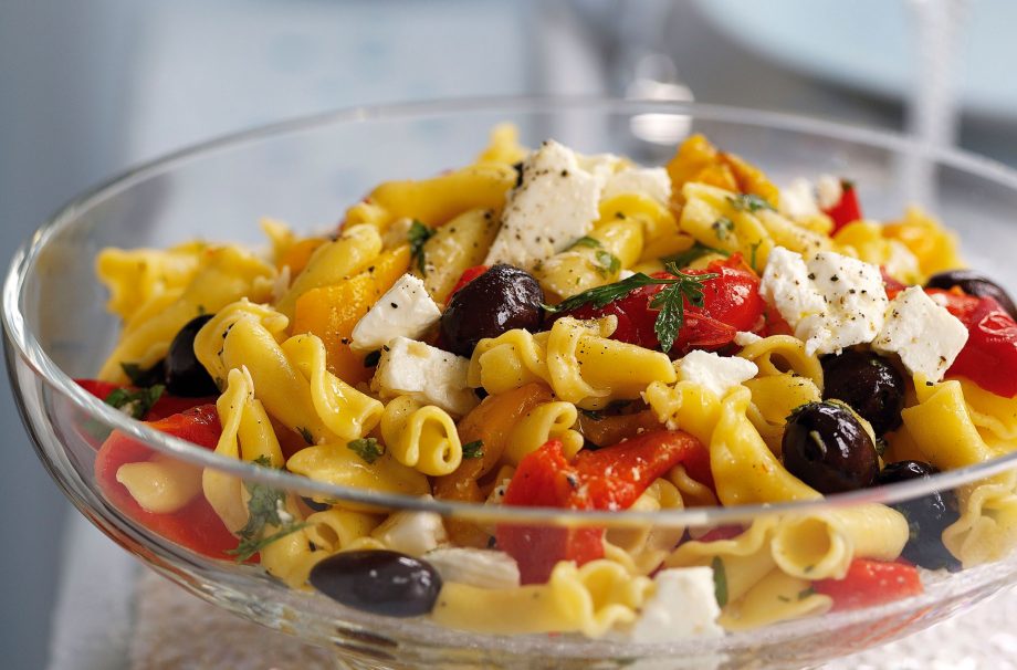 Roast pepper, olive and feta pasta salad