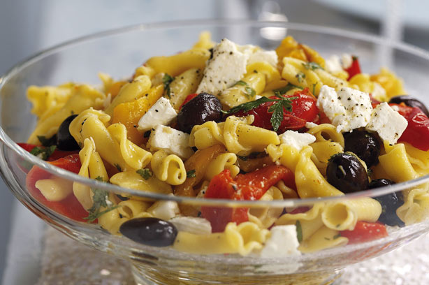 Roast pepper, olive and feta pasta salad