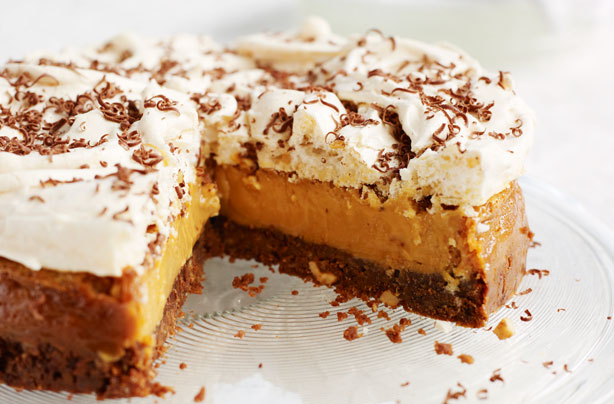 Salted caramel hazelnut meringue torte