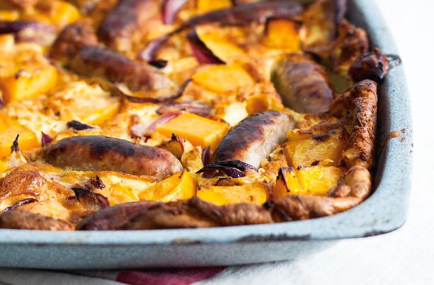 Sausage, squash and onion toad-in-the-hole