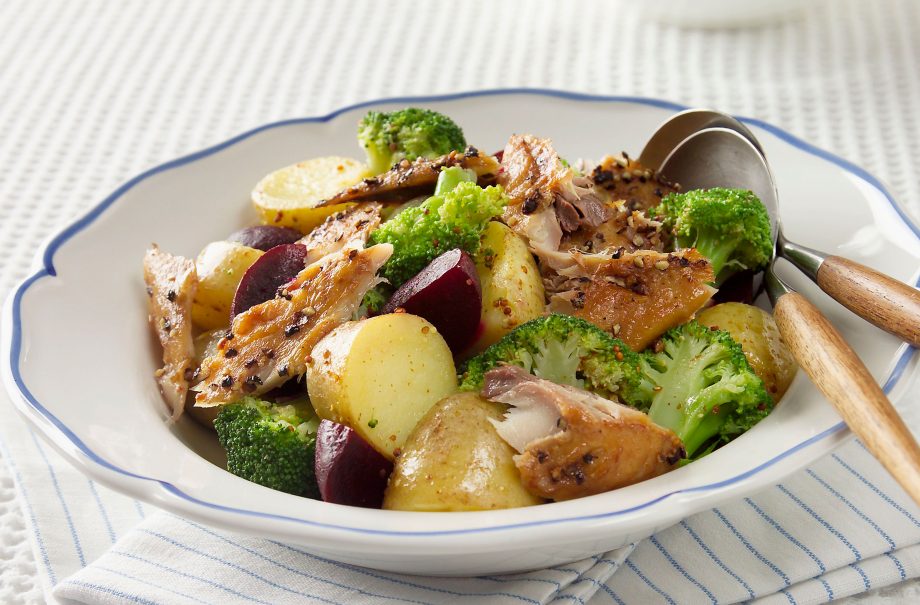 Warm potato salad with smoked mackerel