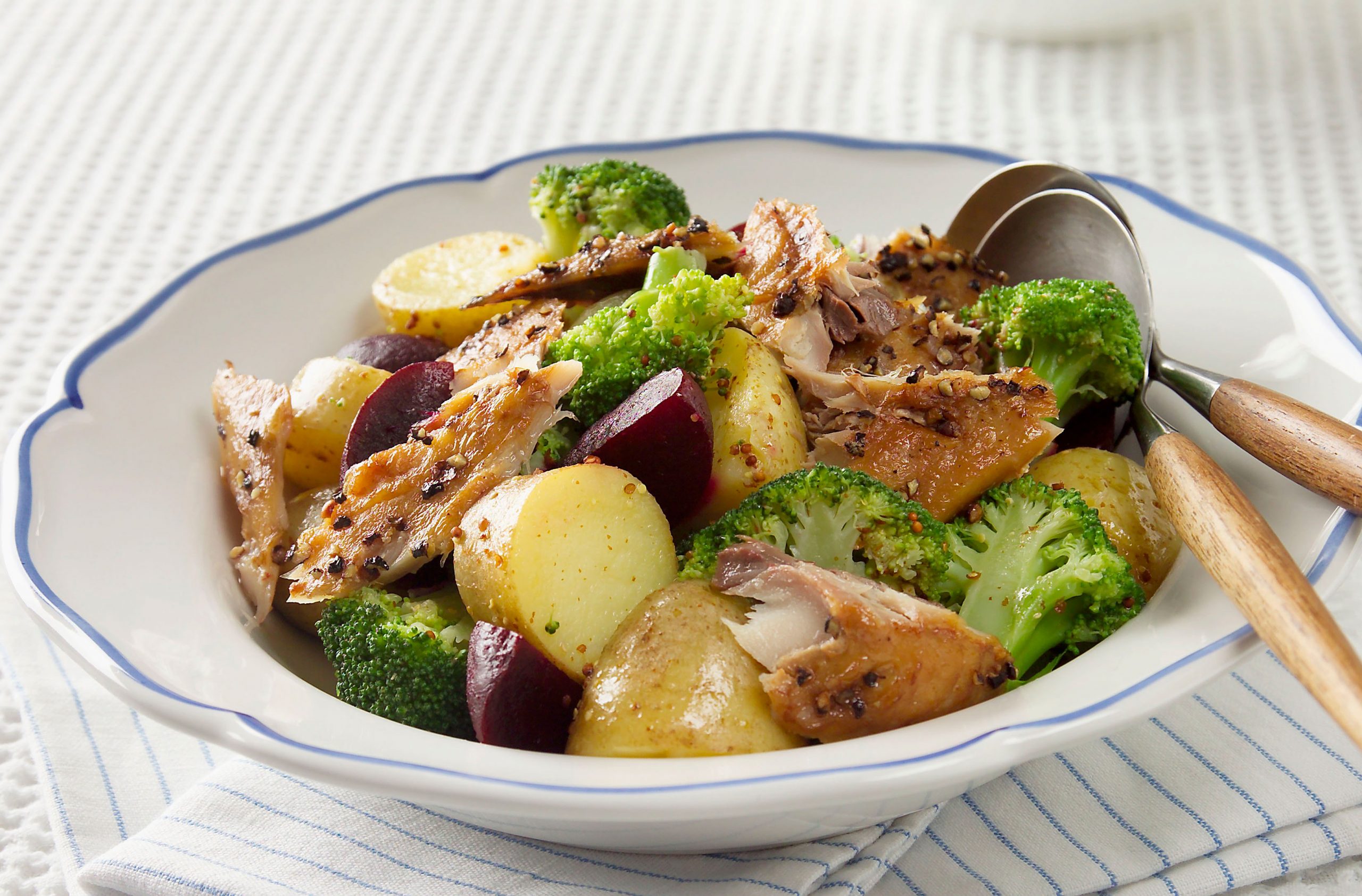 Warm potato salad with smoked mackerel