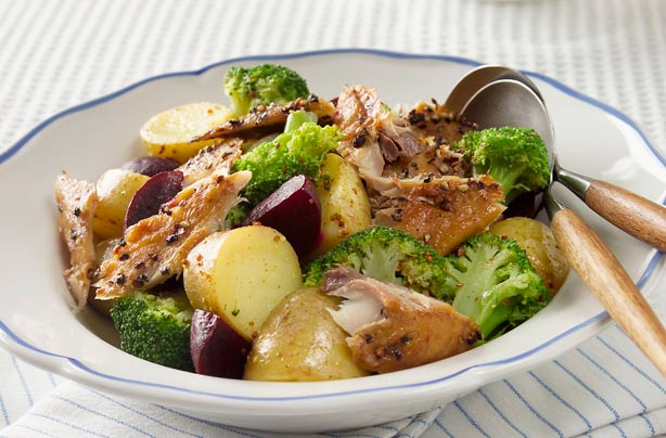 Warm potato salad with smoked mackerel