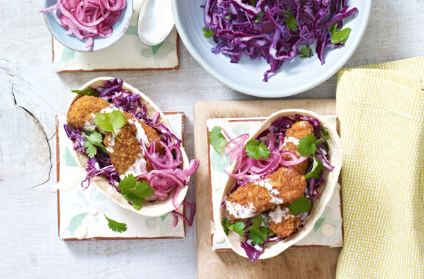 Crispy fish tacos with coleslaw