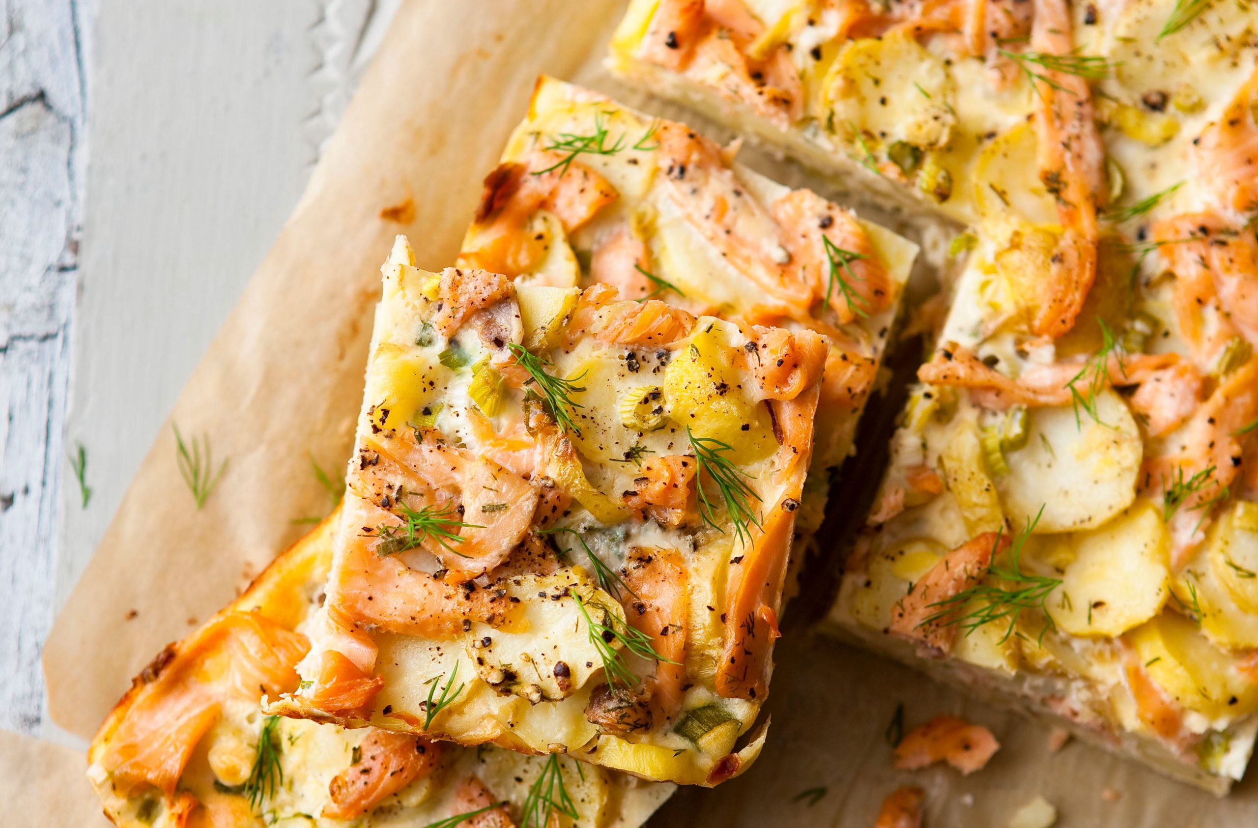 Crustless smoked salmon and potato quiche