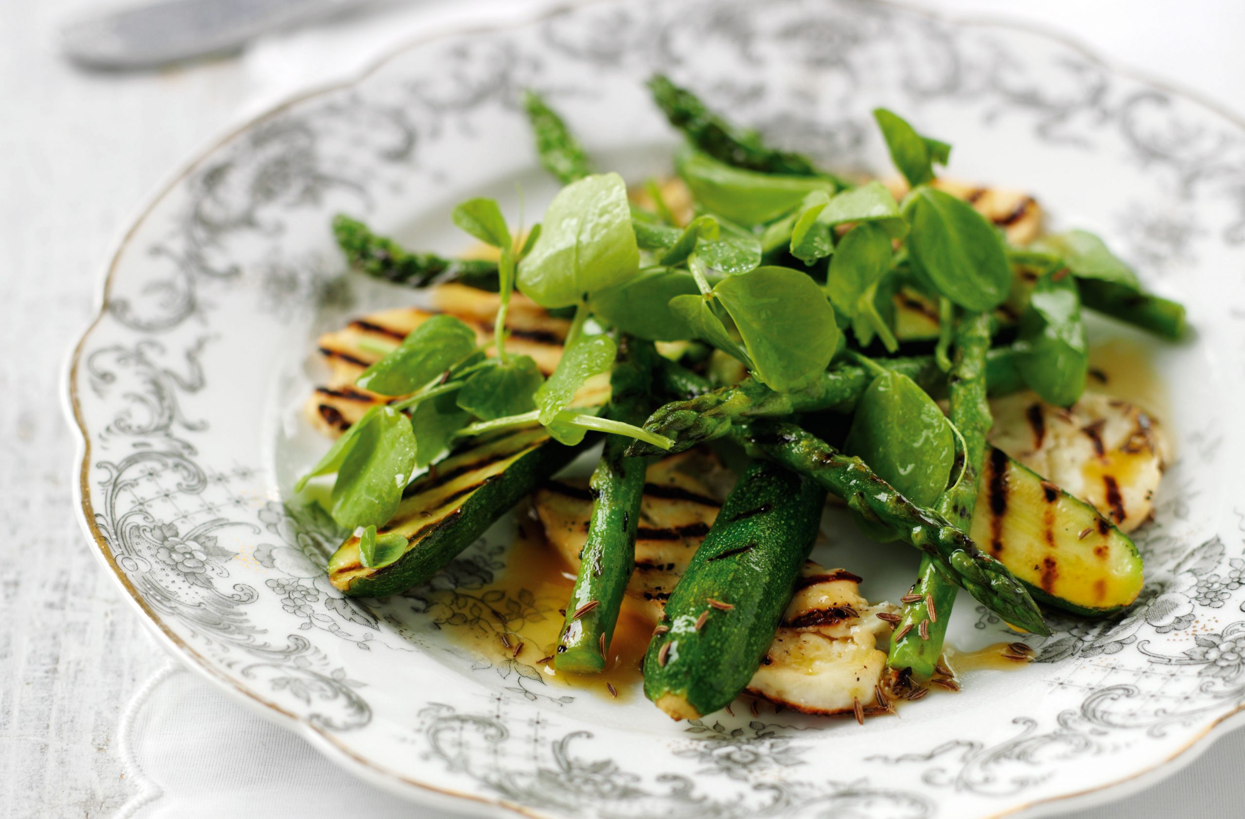 Griddled halloumi, courgette and asparagus