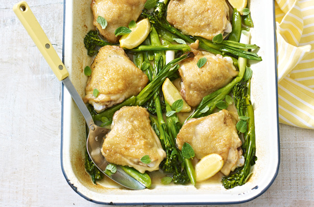 Spring chicken tray bake with green vegetables