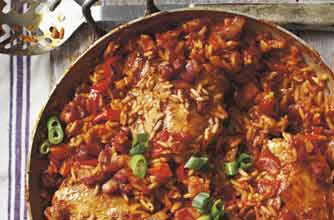 This is a great way to cook chicken. It can be cooked in a casserole or a payella pan. It is spicy and is a one-pot meal to serve 4-6 people. A great recipe revived from Woman's Weekly issue 1984.