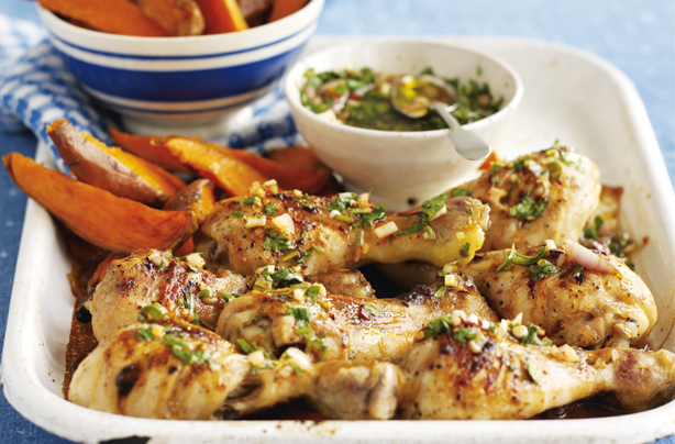Chicken drumsticks with sweet potato wedges and chimichurri