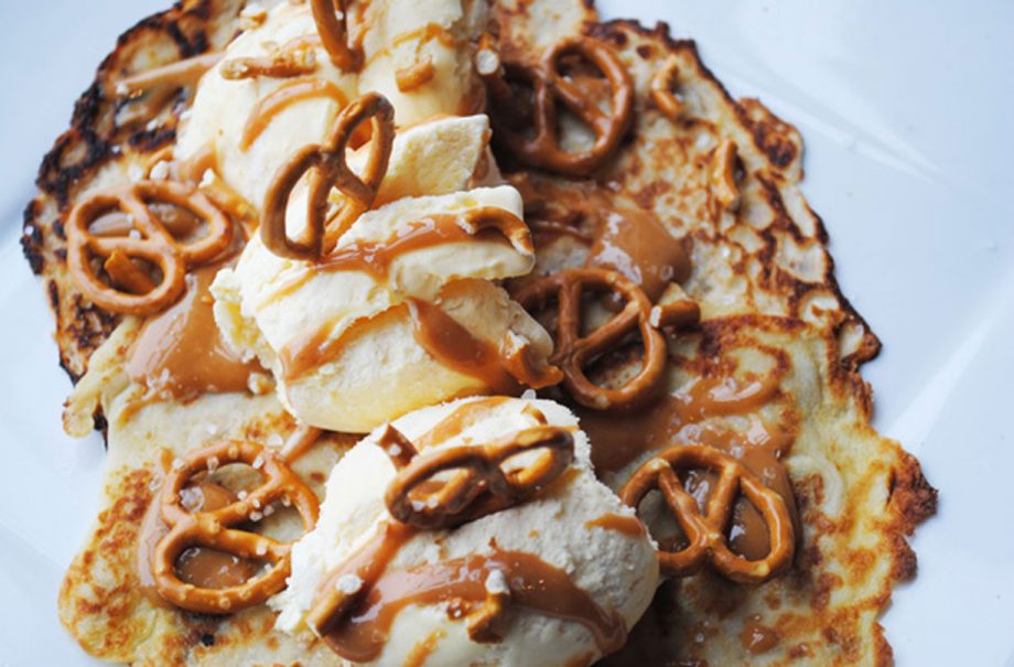 Salted caramel and pretzel pancakes