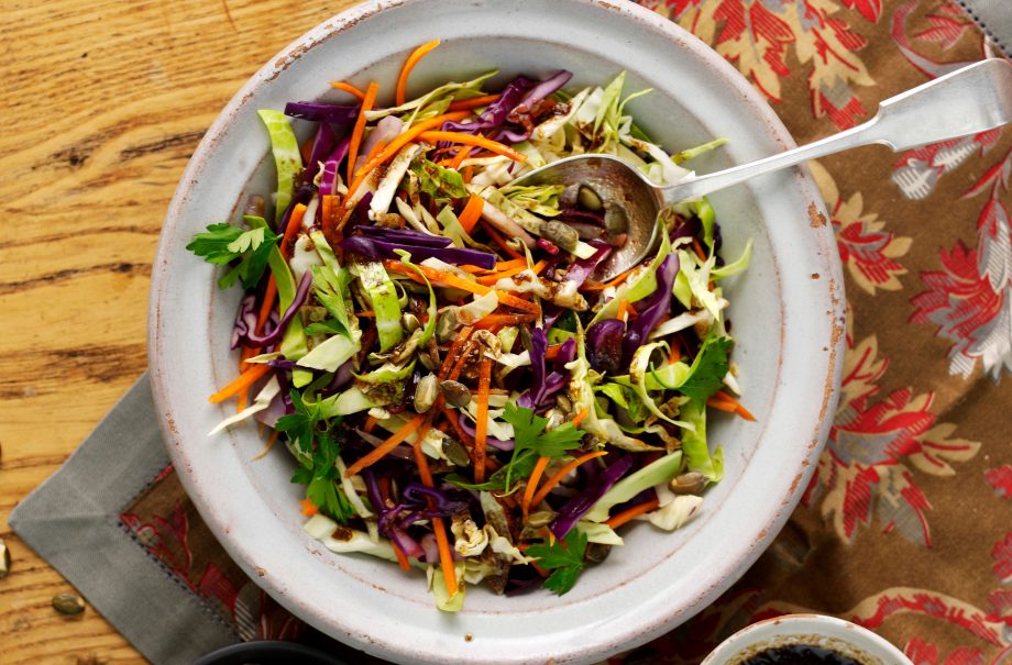 Warm rainbow cabbage salad
