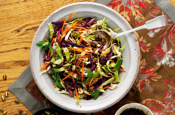 warm rainbow cabbage salad