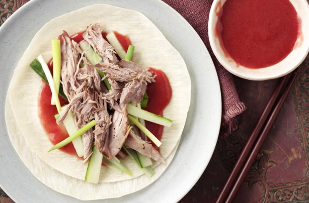Make your own restaurant style duck pancakes. It is quite easy to make and this recipe serves 6 people. For less work use ready made pancakes and plum sauce.
