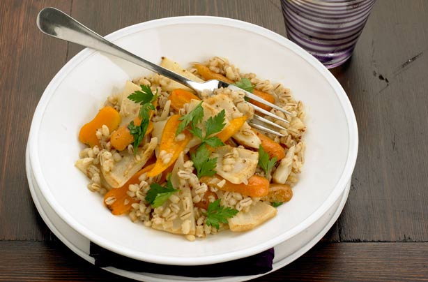Celeriac, carrot and pearl barley bake