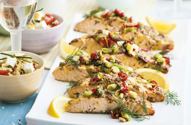 Honey and mustard marinated roast salmon