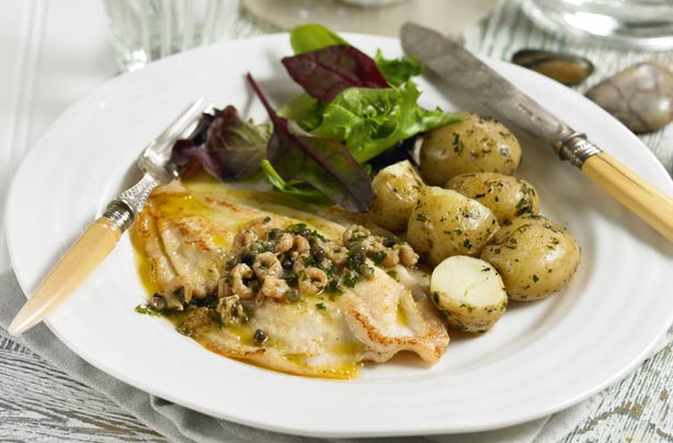 Quick-fry lemon sole with shrimp and caper butter