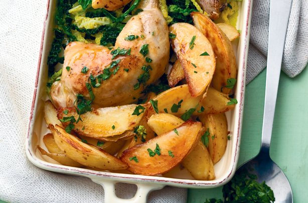 Roast lemon chicken with potato wedges