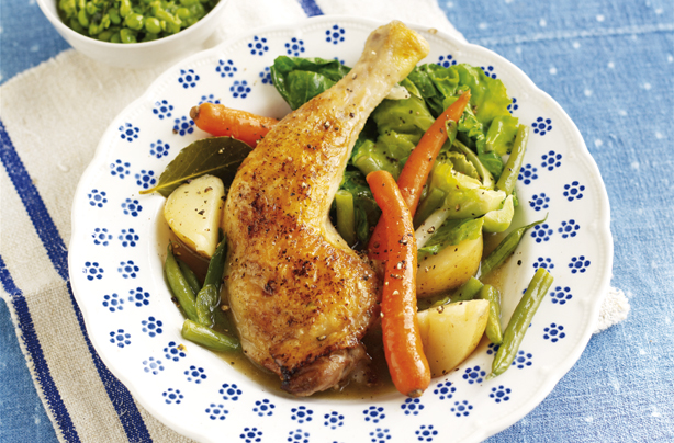 Spring chicken with veg broth and minted pea purée