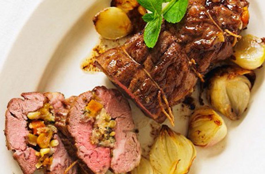 Apricot stuffed roast lamb