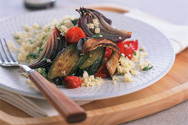 Roast Mediterranean Vegetables with Mint Cous Cous