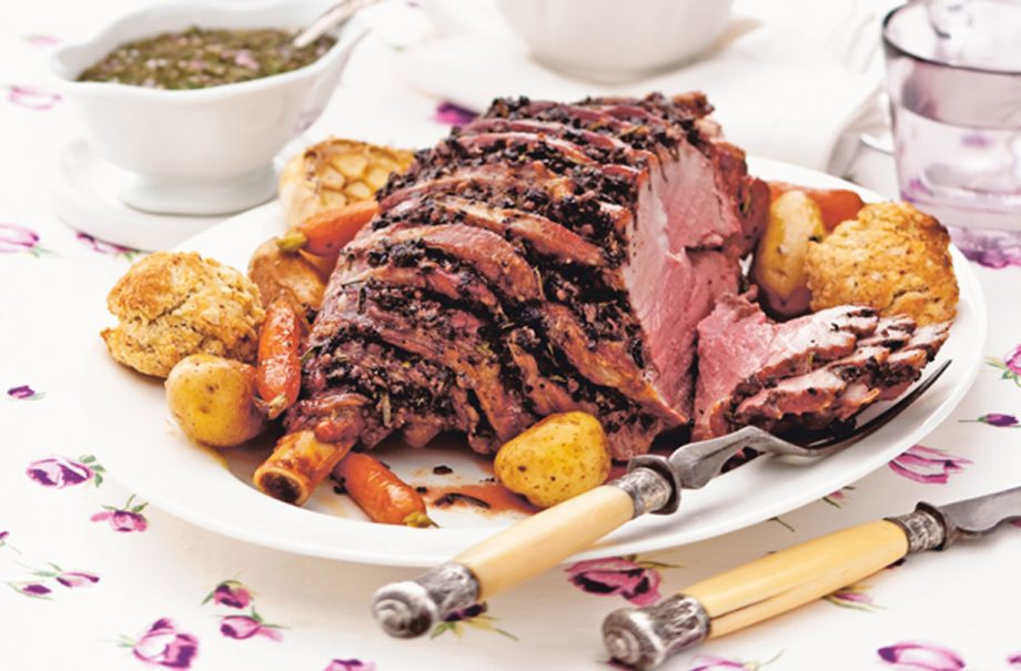 Herb roasted leg of lamb with mustard dumplings