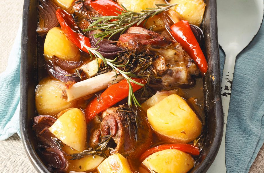 Pot roasted lamb with potatoes and rosemary