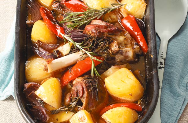 Pot-roasted lamb with potatoes and rosemary