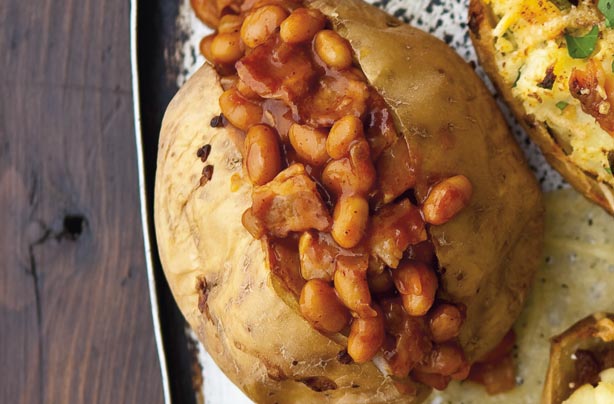 Bacon and spicy bean baked potato