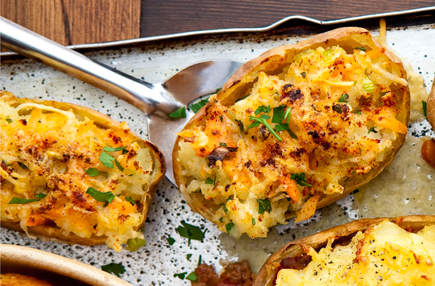 Smoked trout and cheese baked potato