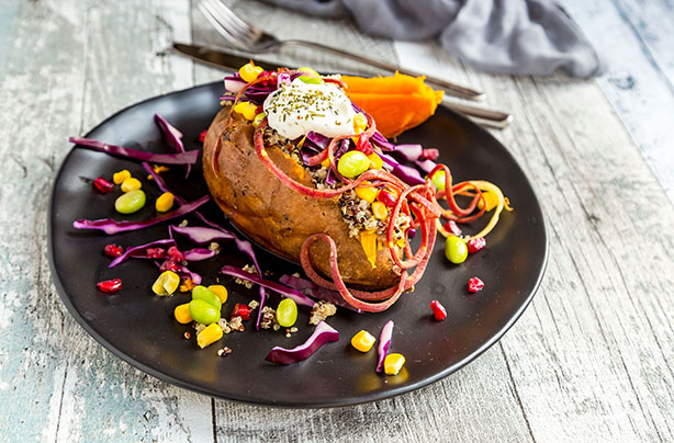 Red cabbage, corn and quinoa sweet jacket potato