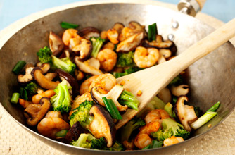 Stir-fry prawns with mushroom and broccoli