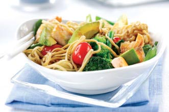 A bowl of salmon stir-fry