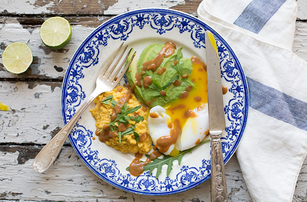 Poached eggs, avocado and miso sweet corn puree