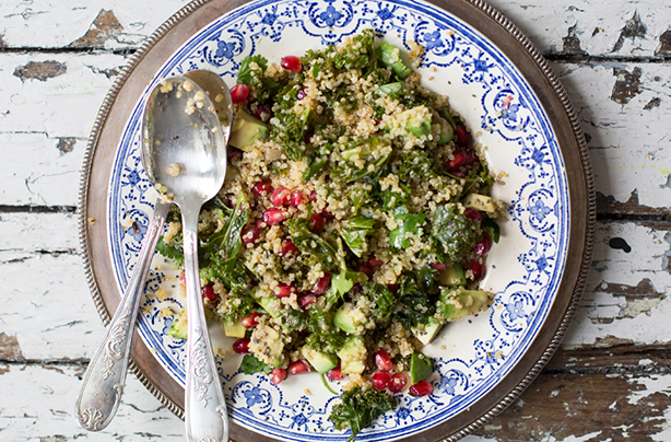 Warm Kale, Avocado, Pomegranate and Quinoa Salad