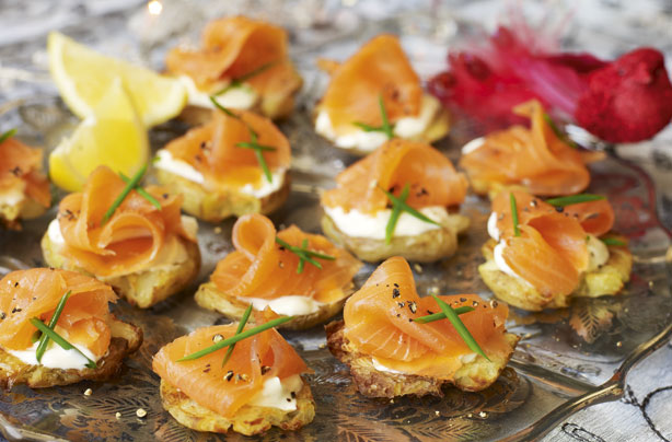 Crushed potatoes with smoked salmon toppers