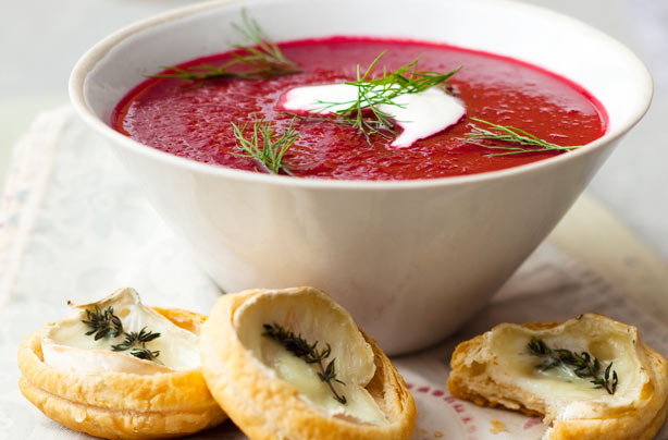 Easy Borscht with goat's cheese tartlets