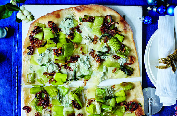 Leek and blue cheese pizza