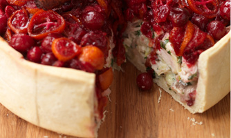 Turkey and ham pie with cranberry topping, recipes