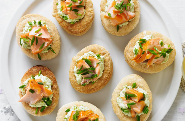 Smoked salmon and pea vol au vents