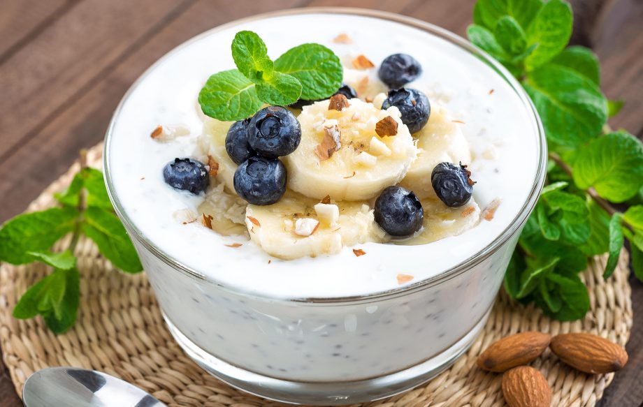 High protein breakfast: Yogurt with fresh blueberry, banana and almond nuts