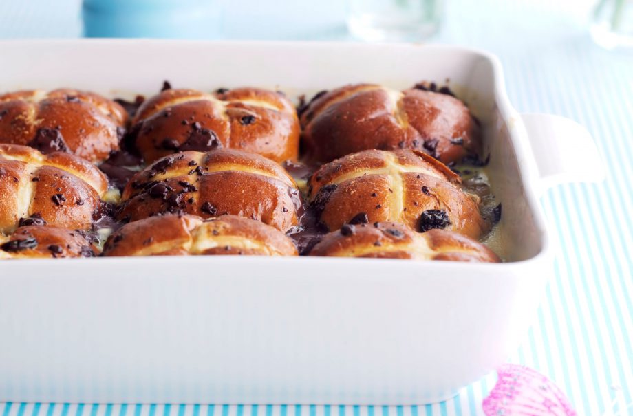 Chocolate hot cross bread and butter pudding