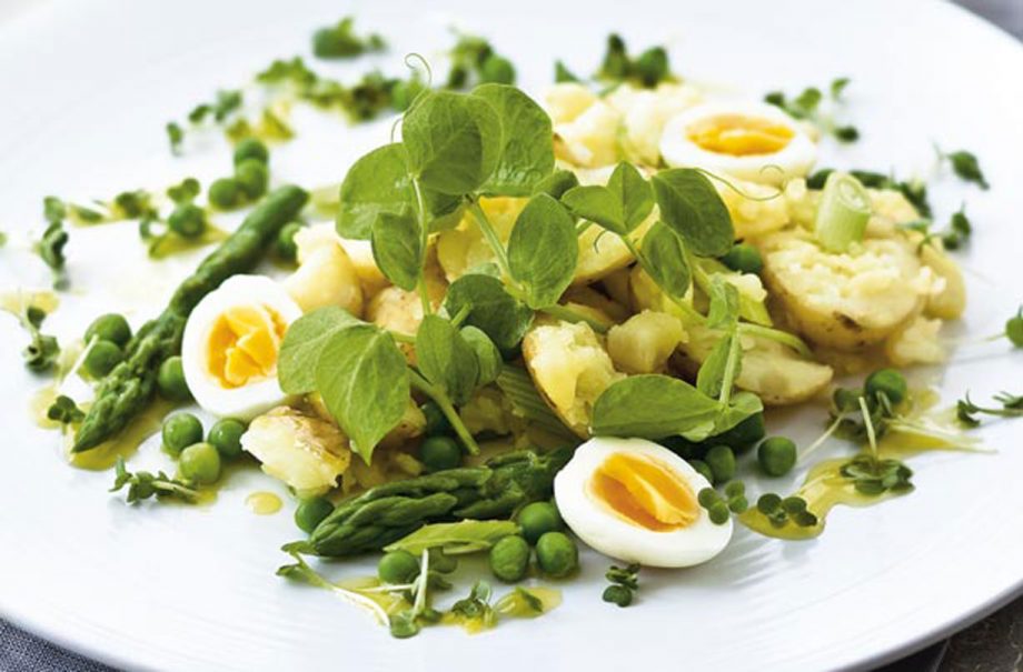 Crushed new potatoes and shoots