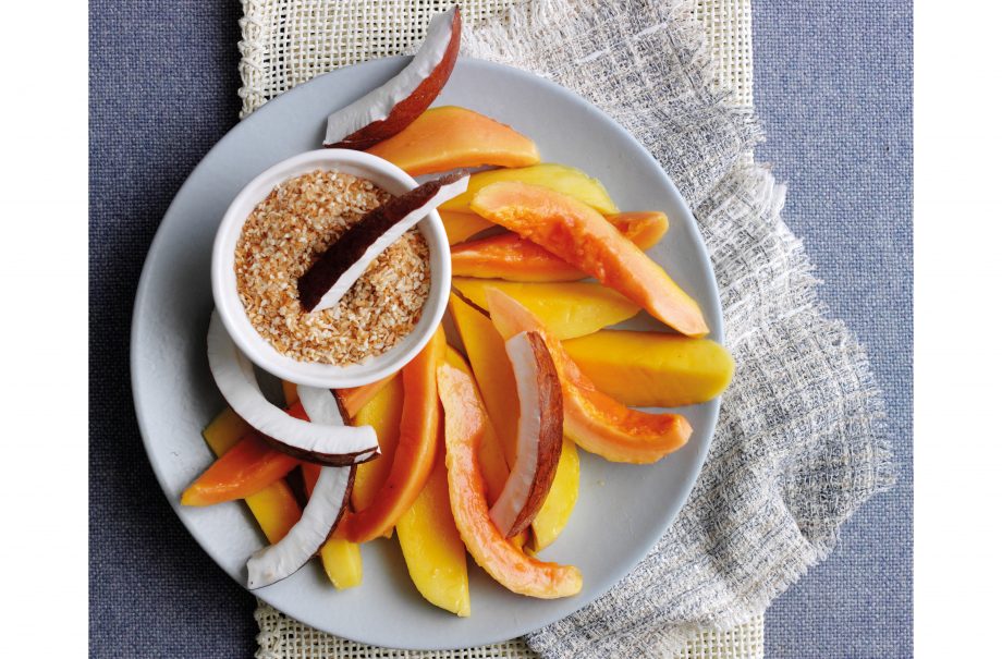 Tropical fruits with sesame coconut dip