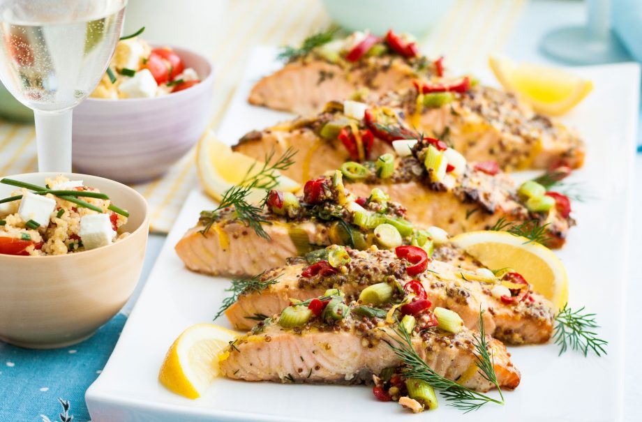 Salmon fillet recipes, Honey and mustard marinated roast salmon