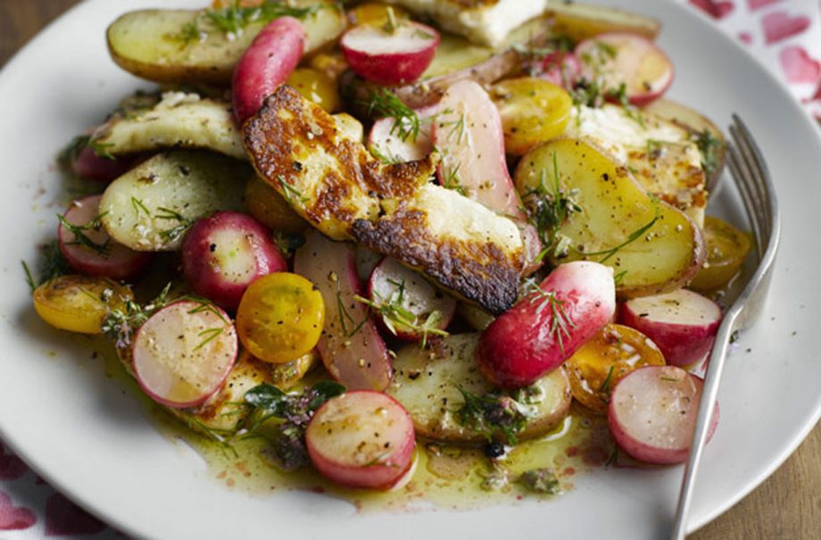 Warm radish, halloumi, potato and tomato salad