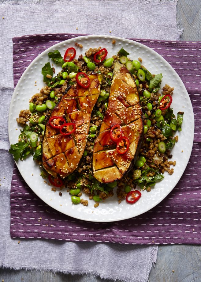 Miso aubergine with grain salad