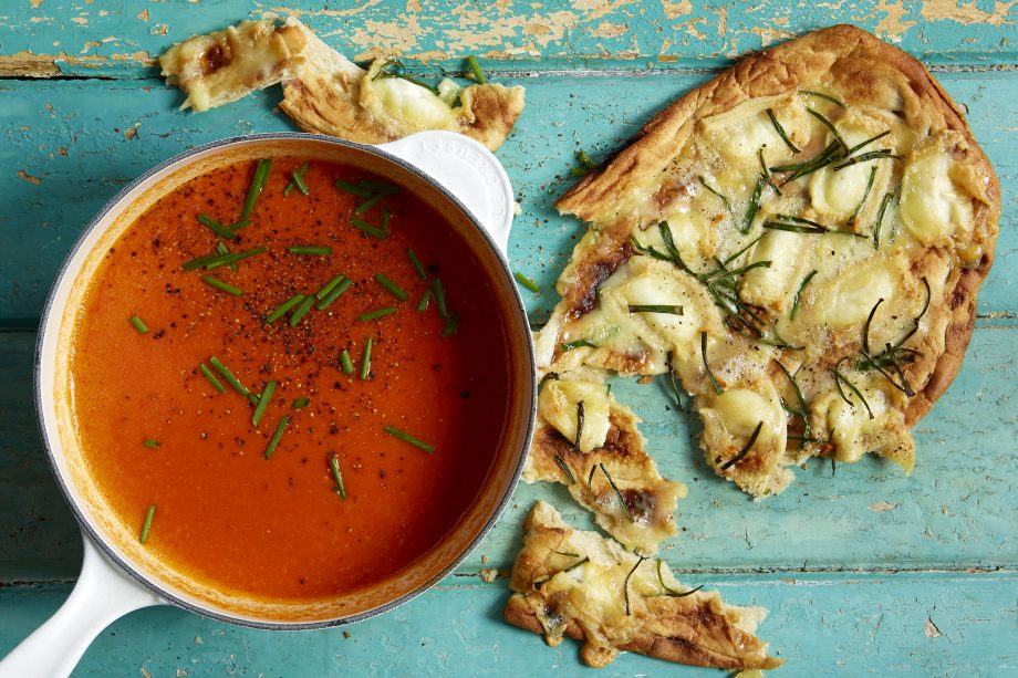 Roast pepper soup with goats cheese